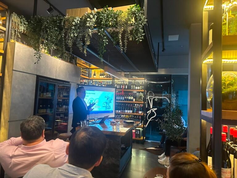 A speaker presents on robotic solutions in a cozy wine bar
